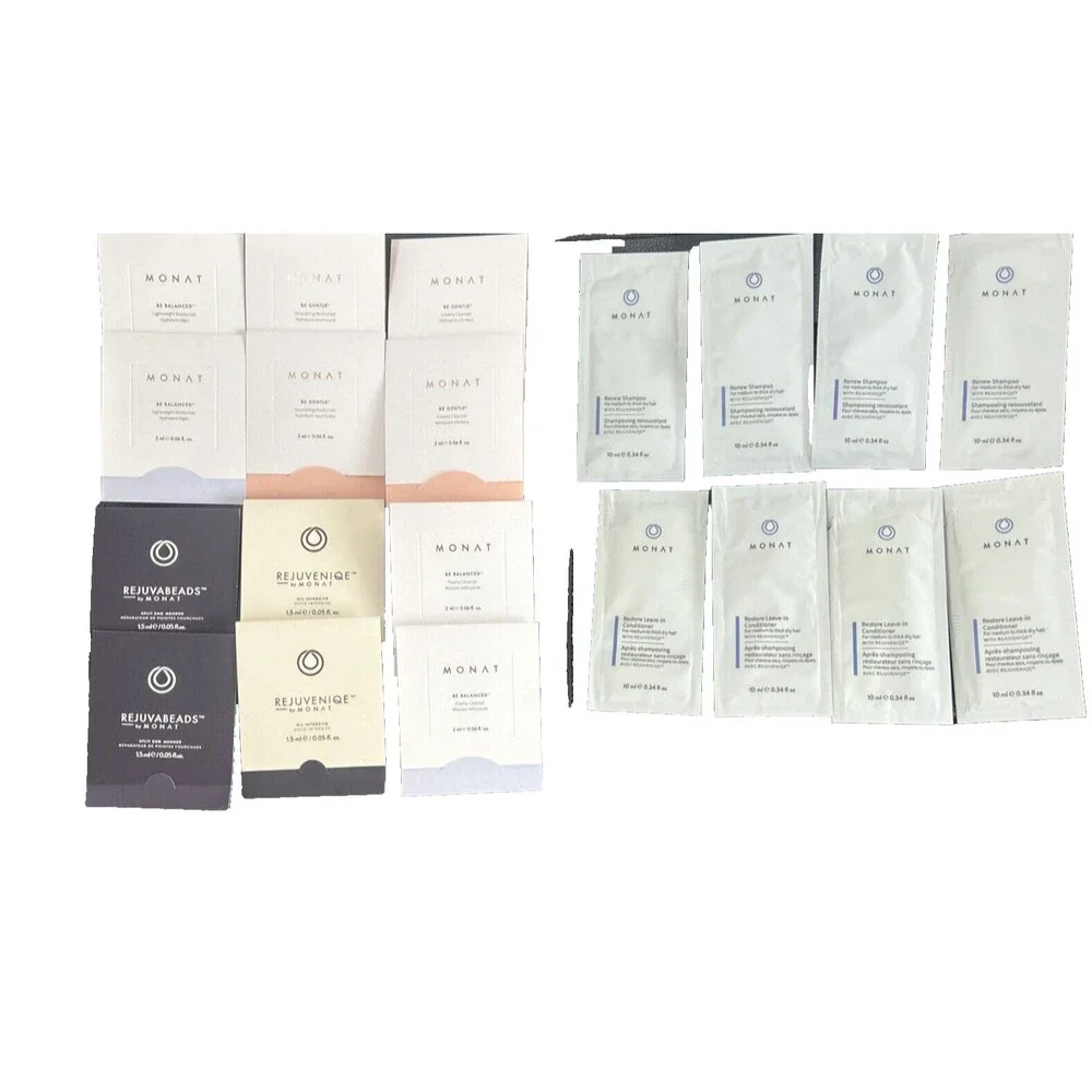MONAT  Lot/Bundle of 20 Samples of Hair Care and Skin Care & Monat Carrying Case